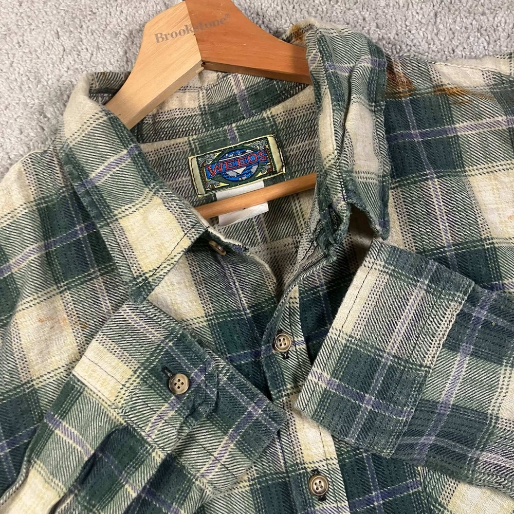 Vintage 80s Weeds Green Plaid Flannel Shirt Mens Long Sleeve Large